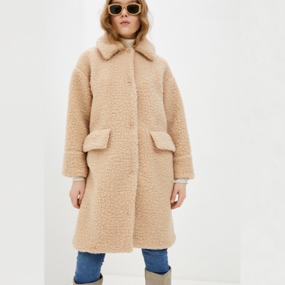 Topshop Faux Shearling Teddy Long Coat 2 Beige